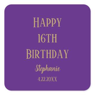 Happy 16th Birthday Sixteen Gold Purple Custom Age Square Sticker