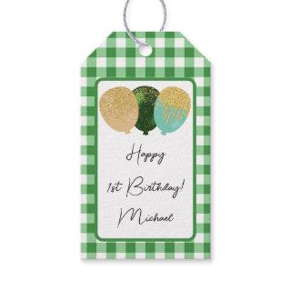 Happy 1st Birthday & Green Gingham & Balloons Gift Tags
