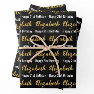 Happy 21st Birthday Gold Name Black and White  Sheets