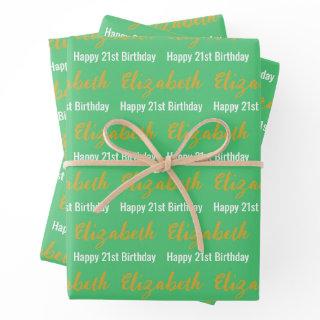 Happy 21st Birthday Gold Name Emerald Green White  Sheets