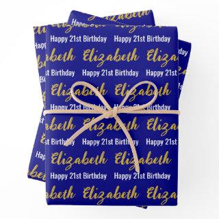 Happy 21st Birthday Gold Script Name Navy & White  Sheets