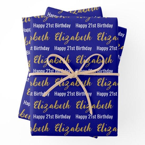Happy 21st Birthday Gold Script Name Navy & White  Sheets