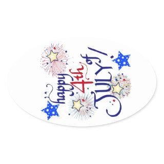 Happy 4th of July! with fireworks and stars Oval Sticker