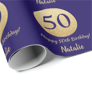 Happy 50th Birthday Navy Blue and Gold Glitter