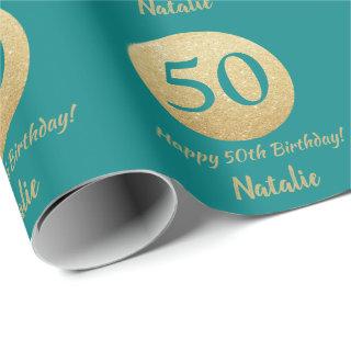 Happy 50th Birthday Teal and Gold Glitter