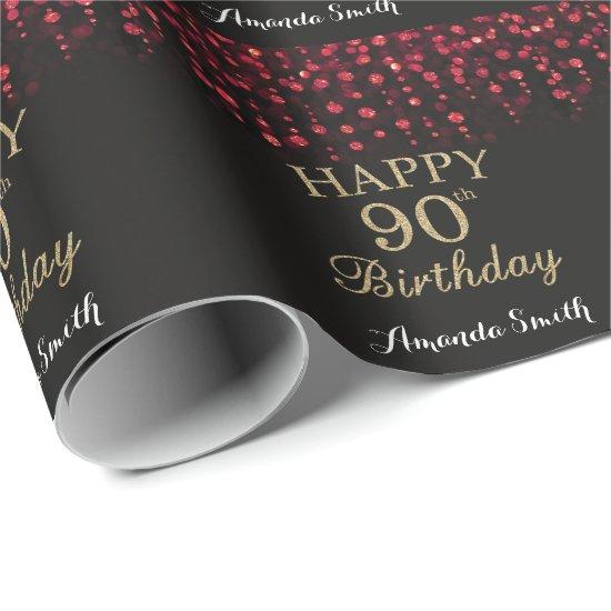 Happy 90th Birthday Red Black and Gold Glitter