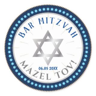 Happy Bar Mitzvah 20XX Blue Decorative Classic Round Sticker