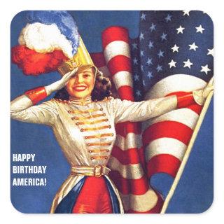 Happy Birthday, America. 4th of July Retro Pin-up Square Sticker