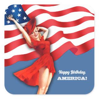 Happy Birthday, America. Retro Pin-up  Square Sticker