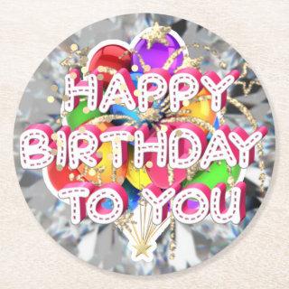 Happy Birthday Balloons Diamond Round Paper Coaste Round Paper Coaster