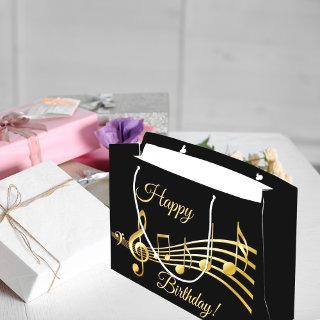 Happy Birthday black gold music notes Large Gift Bag