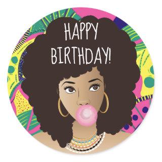 Happy Birthday! Black Woman, Bubblegum, Colorful Classic Round Sticker