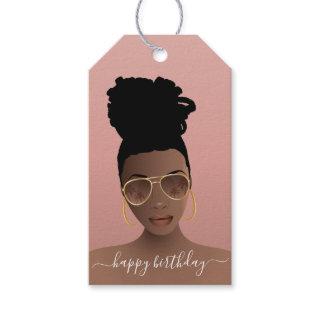 Happy Birthday, Black Woman Gold Shades Blush Pink Gift Tags