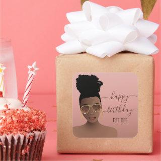 Happy Birthday Black Woman Gold Shades, Pink Blush Square Sticker