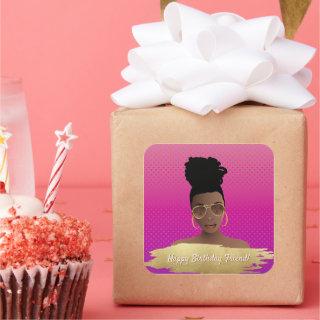 Happy Birthday! Black Woman w/Gold Shades Magenta Square Sticker