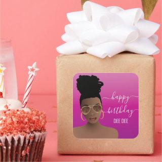 Happy Birthday, Black Woman w/Gold Shades, Pink Sq Square Sticker