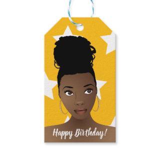 Happy Birthday! Black Woman, White Stars, Gold Gift Tags