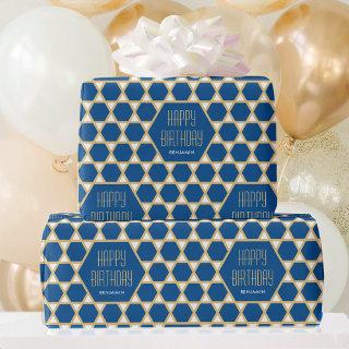 Happy Birthday Blue Gold Star Pattern Personalized