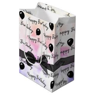 Happy Birthday Bow and Black Balloons Medium Gift Bag