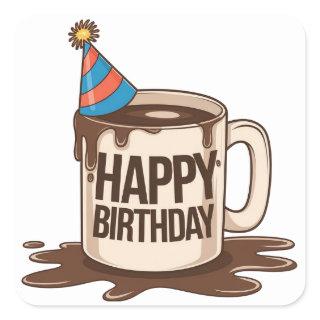 Happy Birthday Coffee Cup with party hat   Square Sticker