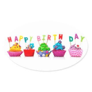 Happy Birthday Cupcakes Oval Sticker