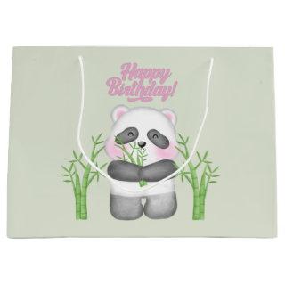 Happy Birthday Cute Panda Bear and Bamboo  Large Gift Bag