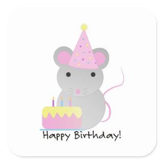Happy Birthday Cute Party Mouse Square Sticker