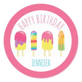 Happy birthday cute pink Popsicle party kawaii Classic Round Sticker