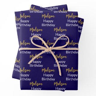 Happy Birthday Dark Blue White Gold Script Name  Sheets