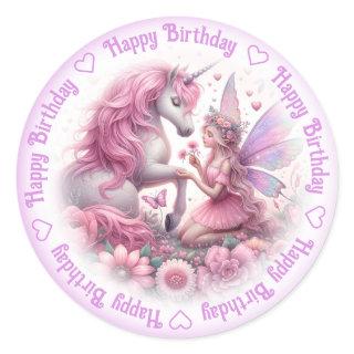 Happy Birthday Fairy & Unicorn Classic Round Sticker