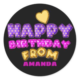 Happy Birthday From Name Balloons Pink Heart Black Classic Round Sticker