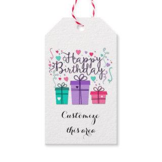 Happy Birthday Gift Boxes on White Customize Gift Tags