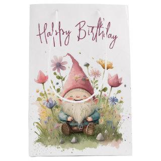 Happy Birthday Gnome In Flowers Medium Gift Bag