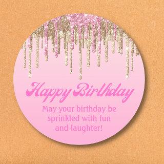 happy birthday gold pink dripping glitters luxury classic round sticker