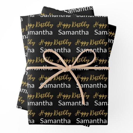 Happy Birthday Gold Script Black and White Name  Sheets