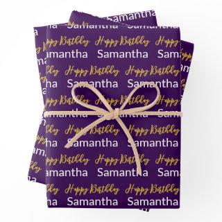 Happy Birthday Gold Script Dark Purple White Name  Sheets