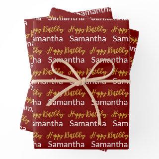 Happy Birthday Gold Script Dark Red and White Name  Sheets