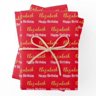 Happy Birthday Gold Script Name Bright Red & White  Sheets