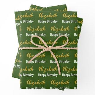 Happy Birthday Gold Script Name Dark Green & White  Sheets