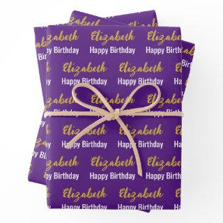 Happy Birthday Gold Script Name Purple & White  Sheets