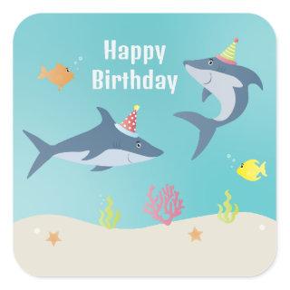 Happy Birthday Great White Shark Cartoon Square Sticker