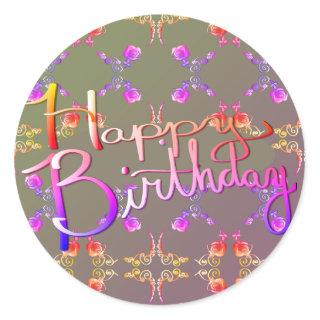 "Happy Birthday!"Hand-written Rose Hearts Grey Cla Classic Round Sticker