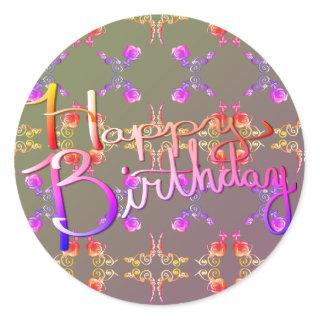 "Happy Birthday!"Hand-written Rose Hearts Grey Classic Round Sticker