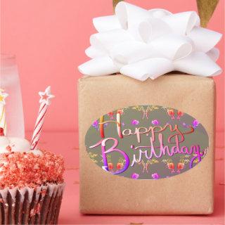 "Happy Birthday!"Hand-written Rose Hearts Grey Oval Sticker