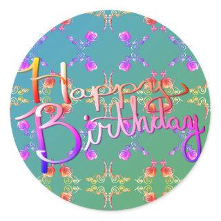"Happy Birthday!"Hand-written Rose Hearts Teal Classic Round Sticker
