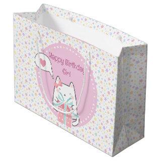 Happy Birthday Kawaii Cat with Gift Box  Large Gift Bag