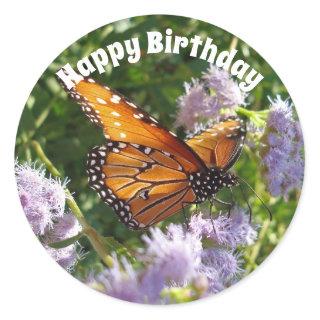 Happy Birthday Monarch Butterfly Photo Floral Classic Round Sticker