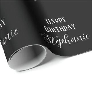 Happy Birthday Name Monogram Black White Modern