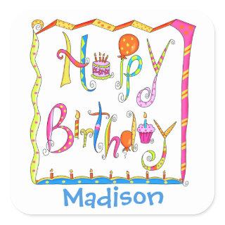 Happy Birthday Party Name Personalized White Square Sticker