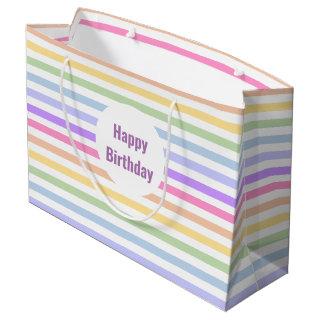 Happy Birthday Pastel Rainbow White Stripes Large Gift Bag